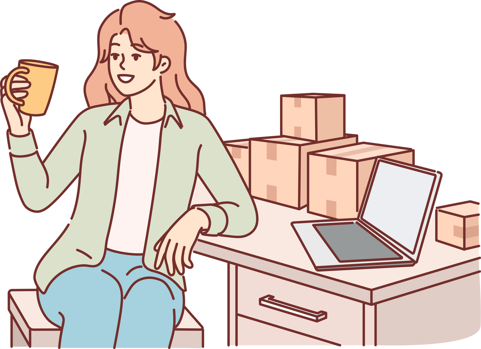 Woman small business owner drinks coffee sitting at table with boxes, takes short break. Girl is engaged in fulfillment business and prepares goods ordered in online store for shipment.